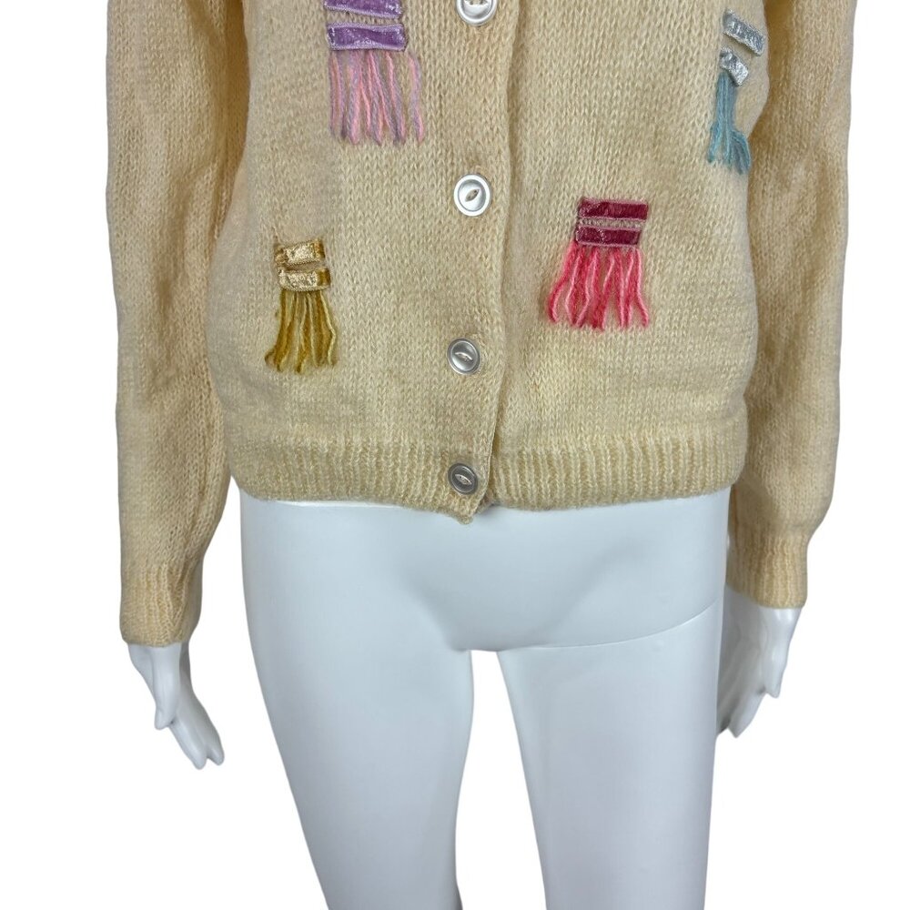 Vintage 60s Mohair Cardigan Women's Medium Pastel Yarn Details Wool Sweater - Picture 6 of 9